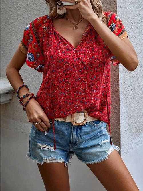 Dainty Floral V-Neck Top in Blue or Red