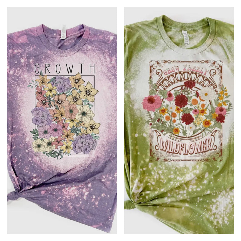 Wild Flower Bleached Tees in Lavender or Green