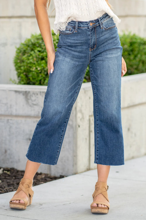 Judy Blue Wide Crop High Waist Embroidered Pocket Jeans