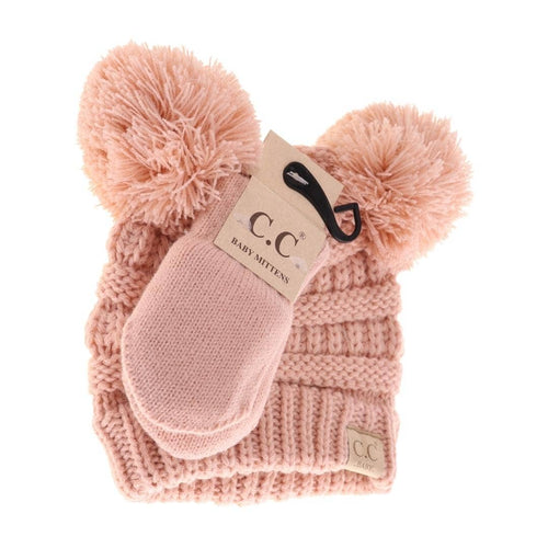 BABY Solid Knit Double Pom C.C Beanie with Mittens Available in 4 Colors