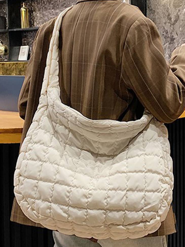 Quilted Zipper Large Shoulder Bag in Cream or Khaki