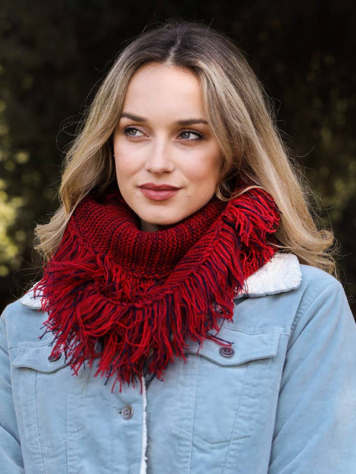 Knit Frayed Infinity Scarf - Blue, Khaki, or Red
