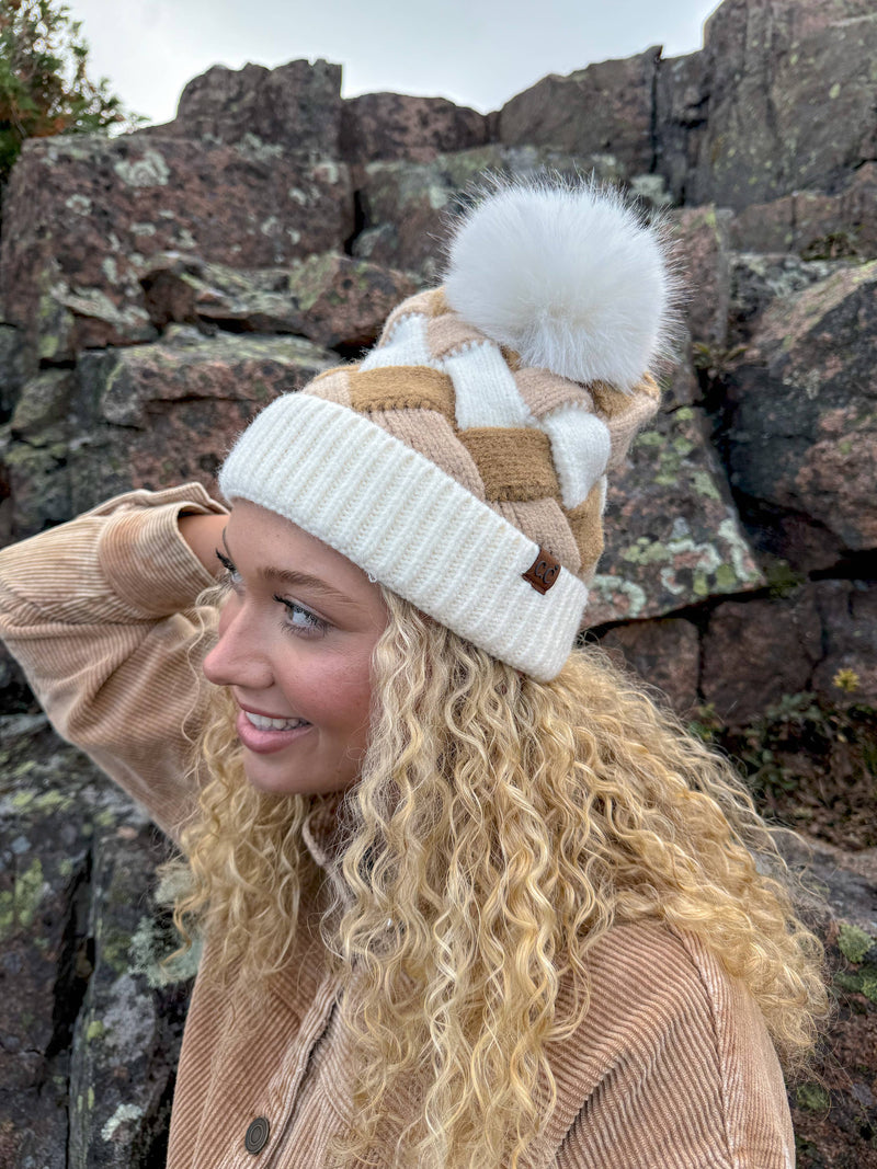 Chunky Weaved Faux Fur C.C Pom Beanie in Beige, Pink or Black