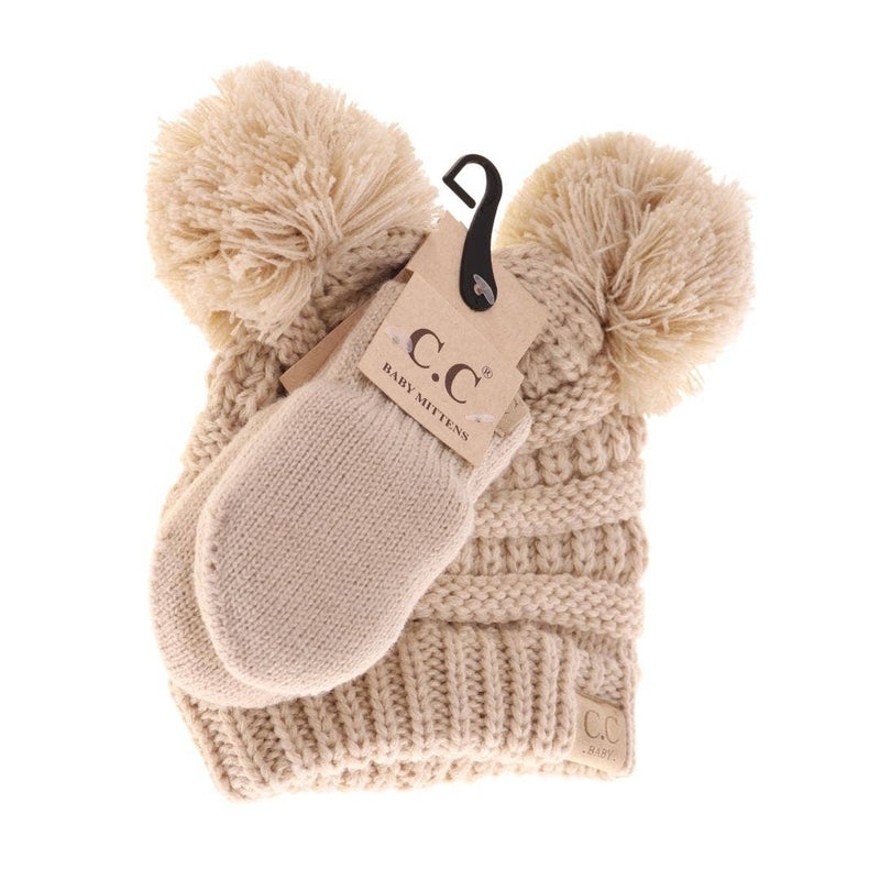 BABY Solid Knit Double Pom C.C Beanie with Mittens Available in 4 Colors