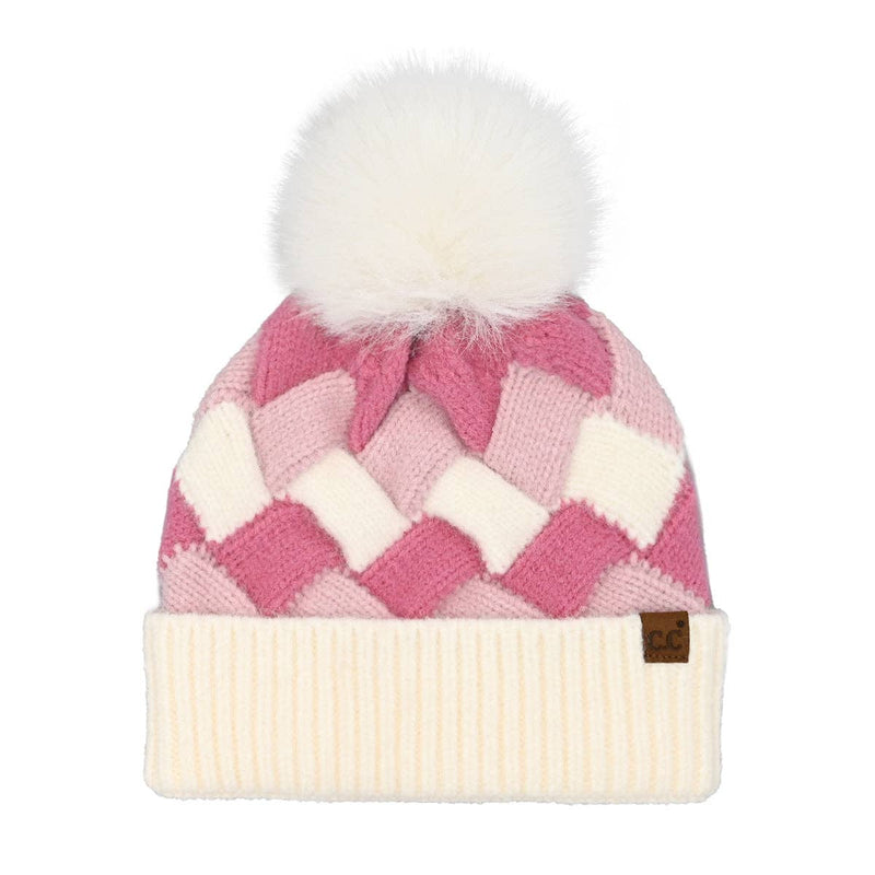 Chunky Weaved Faux Fur C.C Pom Beanie in Beige, Pink or Black