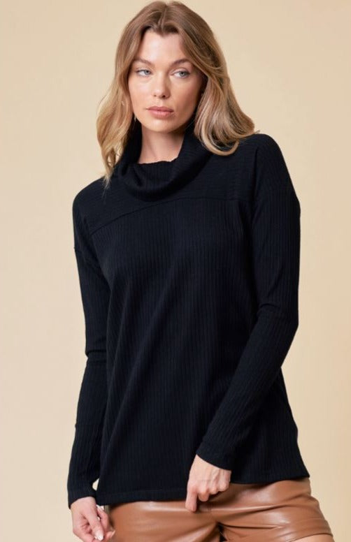 Ribbed Back-Button Turtle Neck