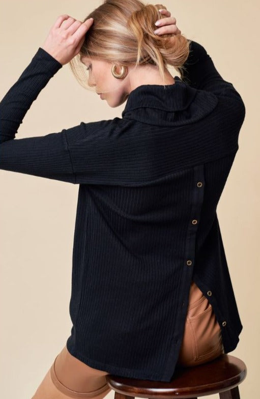 Ribbed Back-Button Turtle Neck