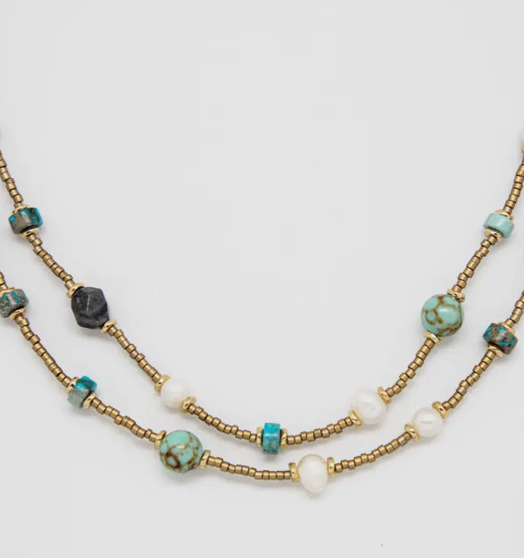 Handmade Gold Tone and Turquoise Double Layer Necklace