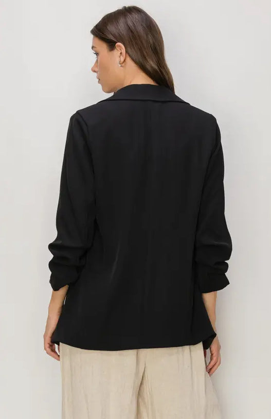 Ruched 3/4 Sleeve Sleek Black Blazer