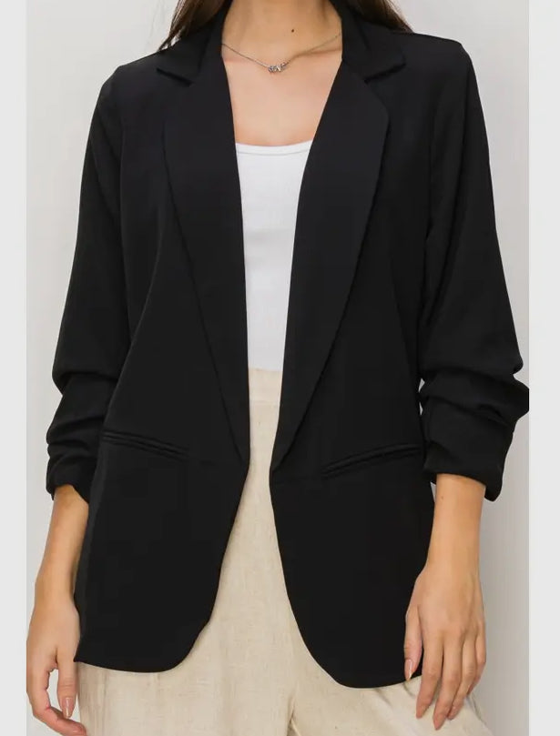 Ruched 3/4 Sleeve Sleek Black Blazer