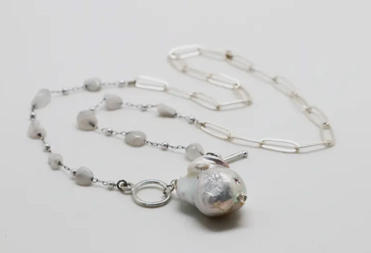 Silver Stainless Steel Drop Necklace with White Agate Stones