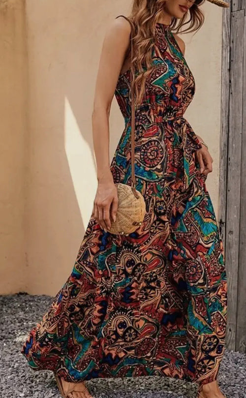 Retro Pattern Halter Dress