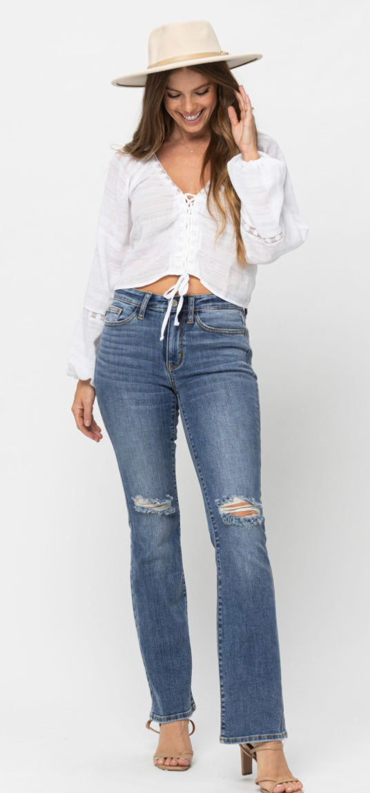 Curvy Judy Blue Mid-rise Knee Destroyed Bootcut