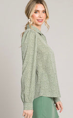 Subtle Shoulder-Puff Button-Down Blouse in Olive Print and Black Print