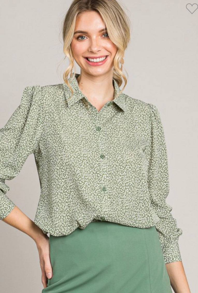 Subtle Shoulder-Puff Button-Down Blouse in Olive Print and Black Print