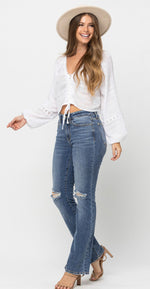 Curvy Judy Blue Mid-rise Knee Destroyed Bootcut