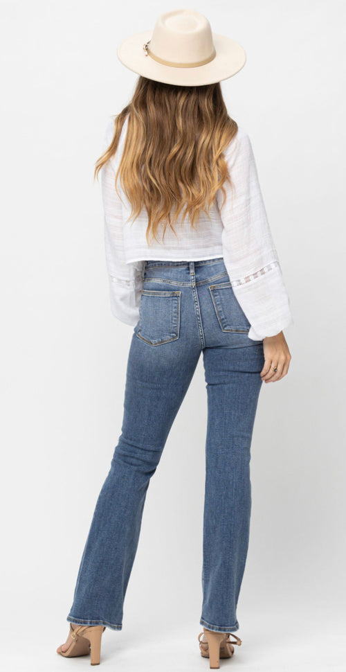 Curvy Judy Blue Mid-rise Knee Destroyed Bootcut